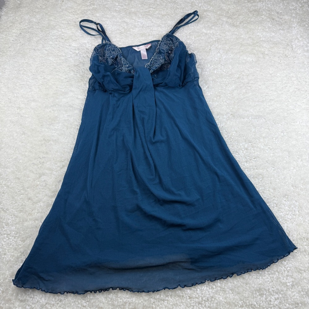 Cacique Babydoll Chemise Women 26/28 Blue Floral Lace Trim Mesh Lingerie Nightie